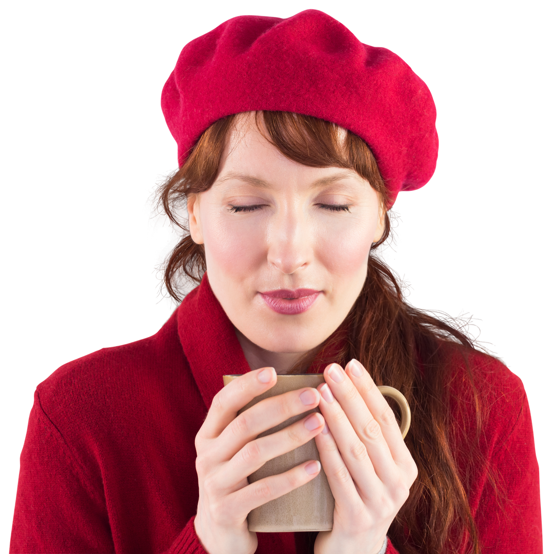 Woman in Red Hat Holding Warm Cup and Smiling with Eyes Closed - Download Free Stock Images Pikwizard.com