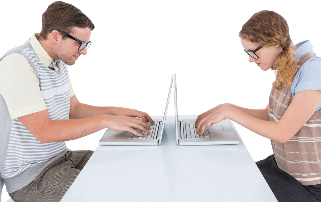 Geeky Hipster Couple Facing Each Other Using Laptops on Transparent Background