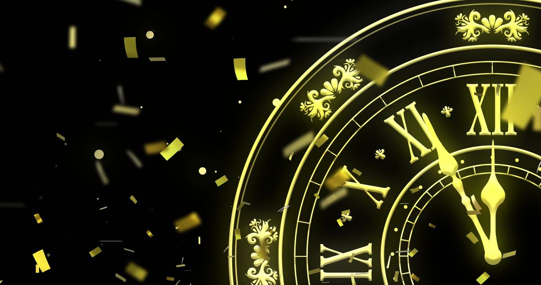 Golden Clock Striking Midnight with Sparkling Confetti in Celebration