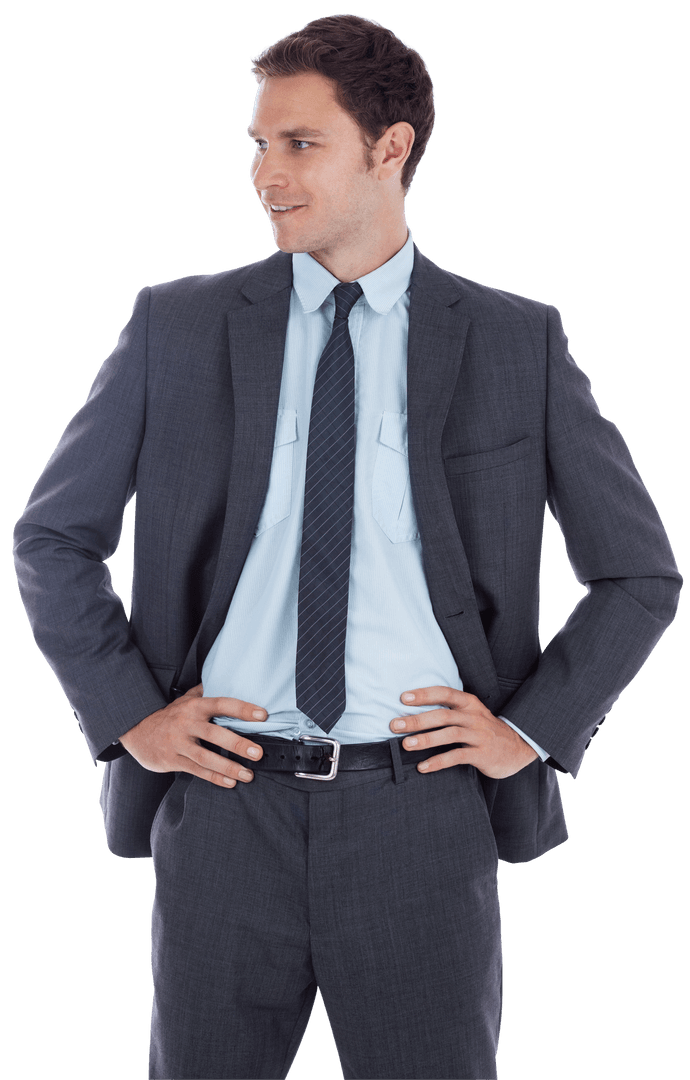 Transparent Smiling Businessman in Suit with Hands on Hips