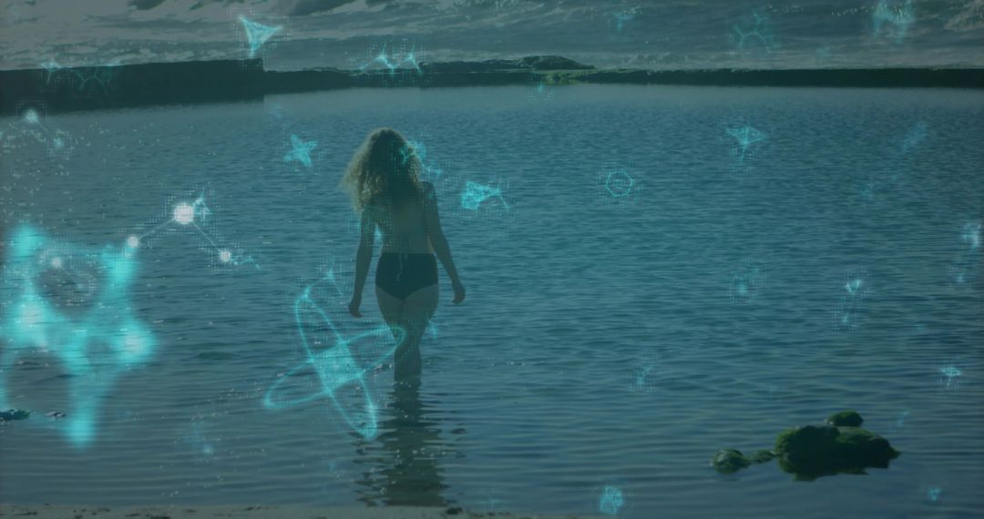 Woman Wading in Bay With Futuristic Holographic Overlay