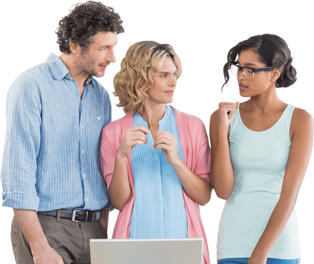 Casual Office Team Collaborating Over Transparent Laptop Screen