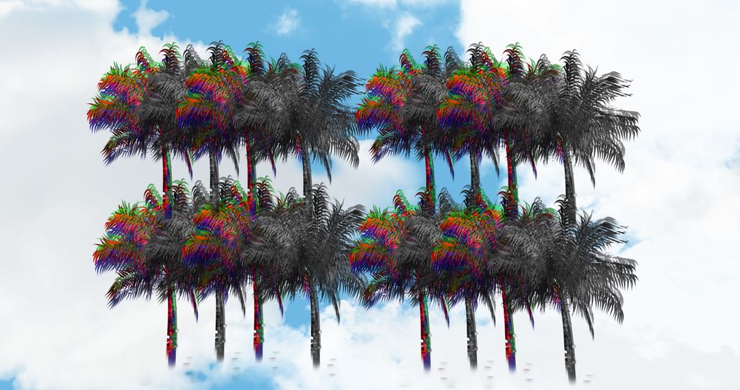 Vibrant Coconut Trees with Distorted Effect Against Cloudy Sky