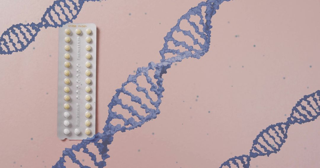 Birth Control Pills with DNA Strands on Pink Background