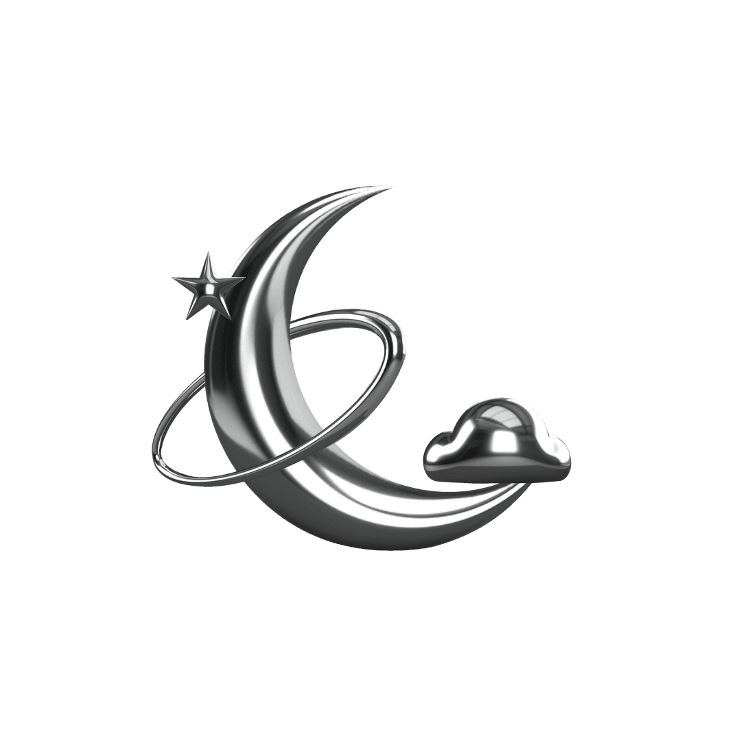 3D Metallic Crescent Moon with Orbit Adornment, Transparent Background