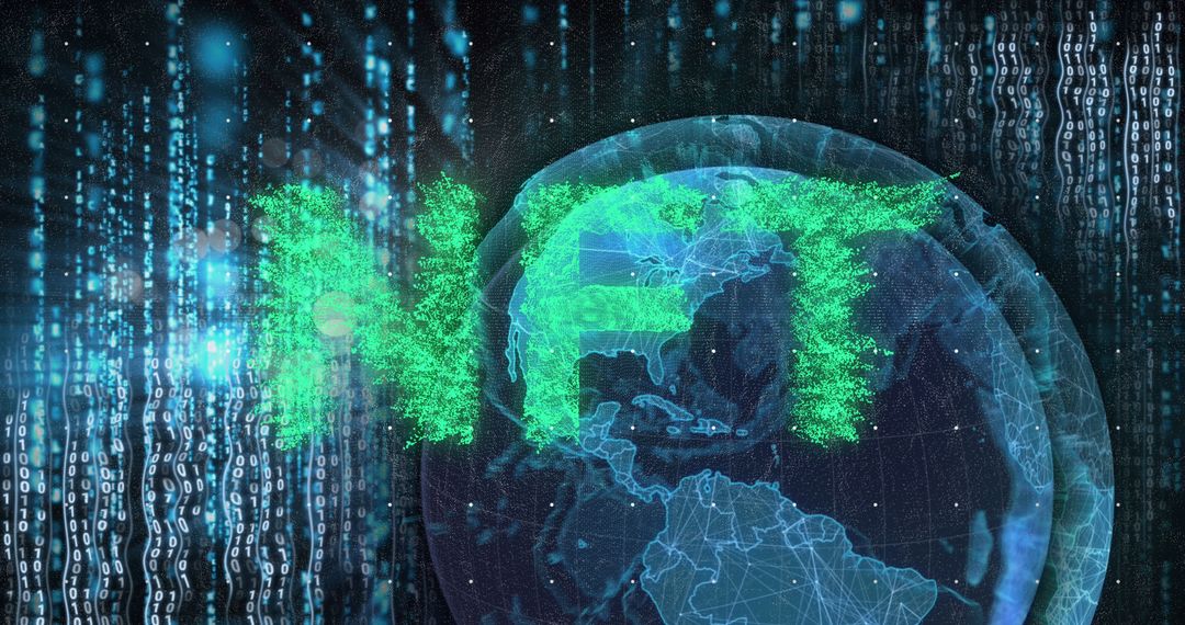NFT Text Over Globe with Data in Futuristic Digital Interface