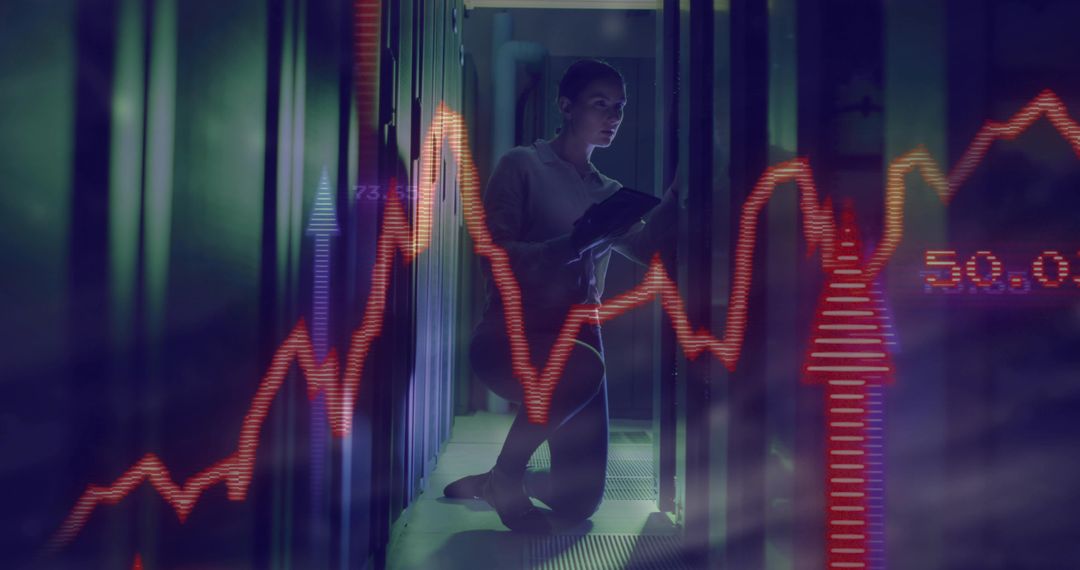 Tech Specialist Analyzing Data Center Performance with Virtual Stock Graphs