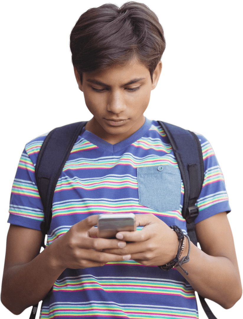 Teenage Boy Texting on Smartphone Isolated Transparent Background