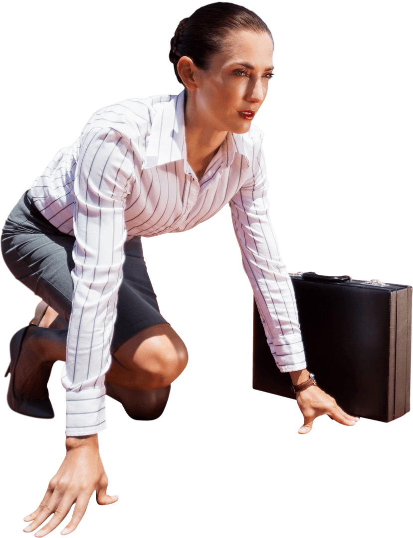 Focused Businesswoman at Racing Start on Transparent Background