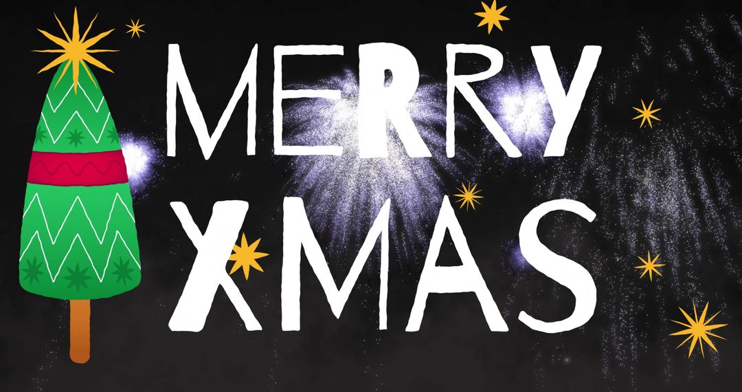 Festive Merry Xmas Text with Fireworks and Stars