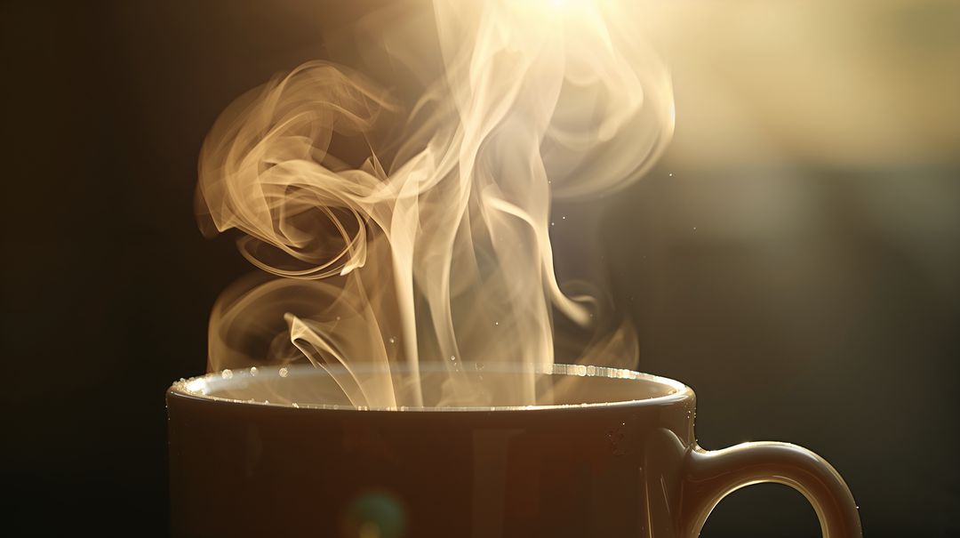 Steaming ceramic mug emitting curling vapor with warm backlight and golden bokeh glow