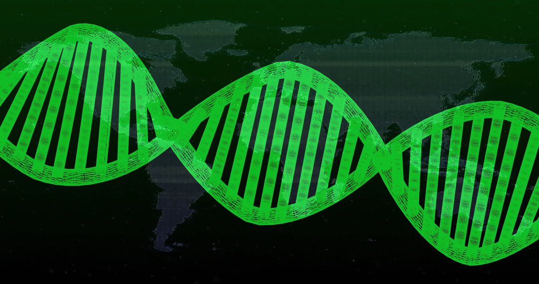 Green DNA Strand Overlaying World Map Highlighting Global Biotechnology