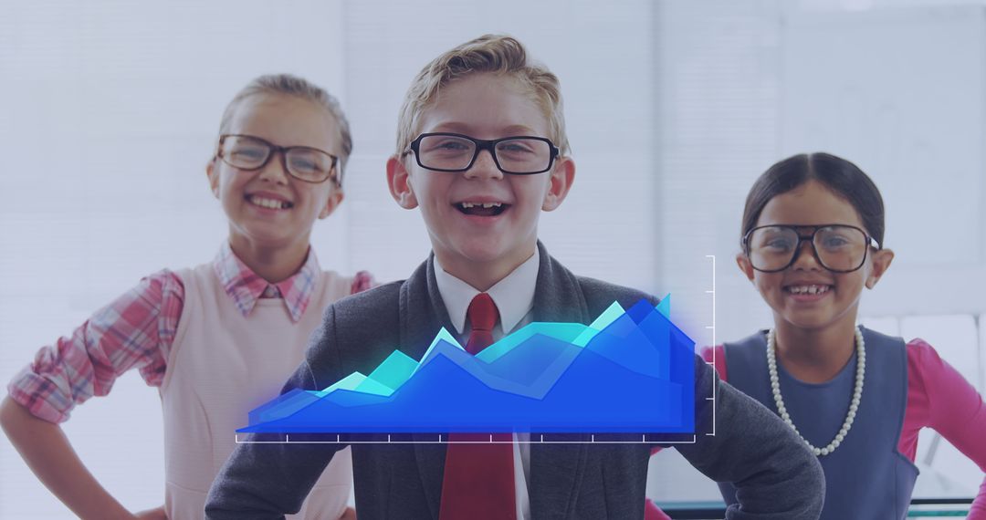 Smiling Kids as Business Executives with Financial Graph Overlay
