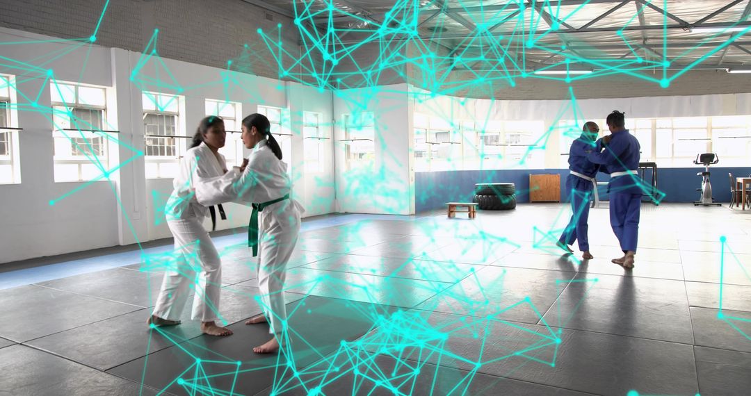 Judo grappling practice in indoor dojo with digital network overlay promoting teamwork