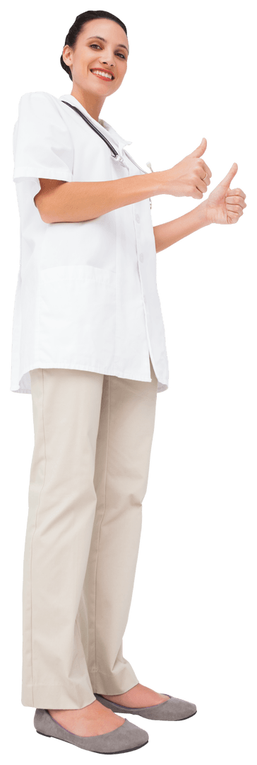 Confident Nurse Smiling with Thumbs Up Gesture on White Background