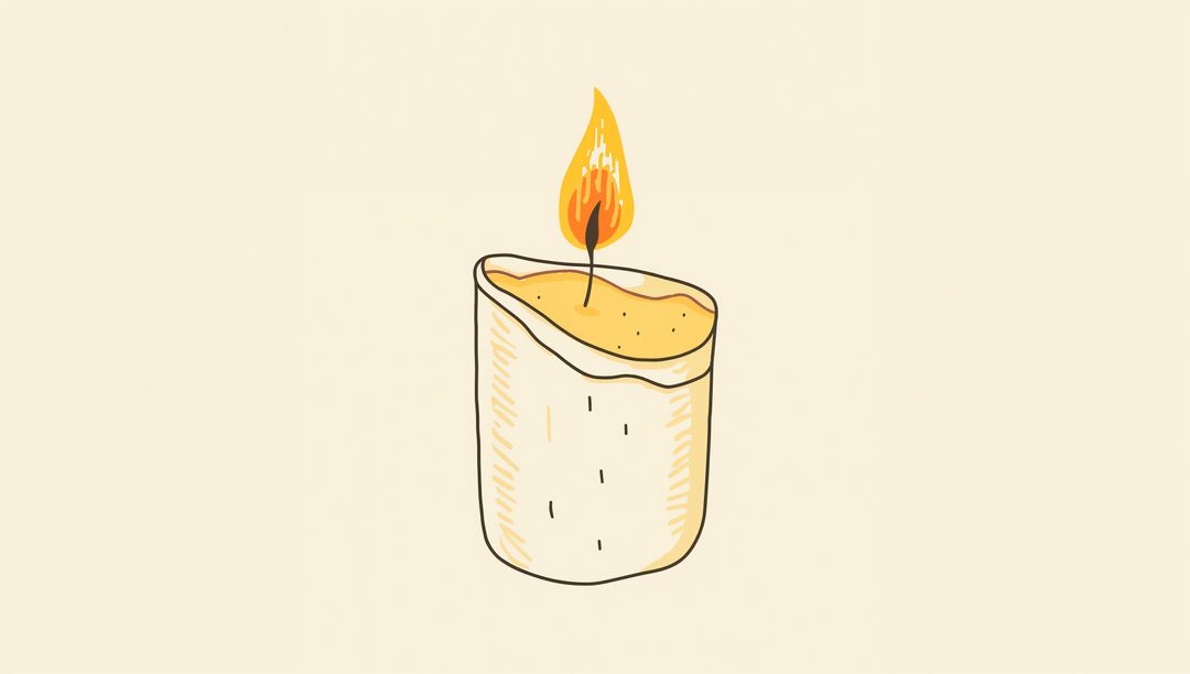 Flickering hand-drawn candle revealing melted wax pool on beige canvas, minimal lineart