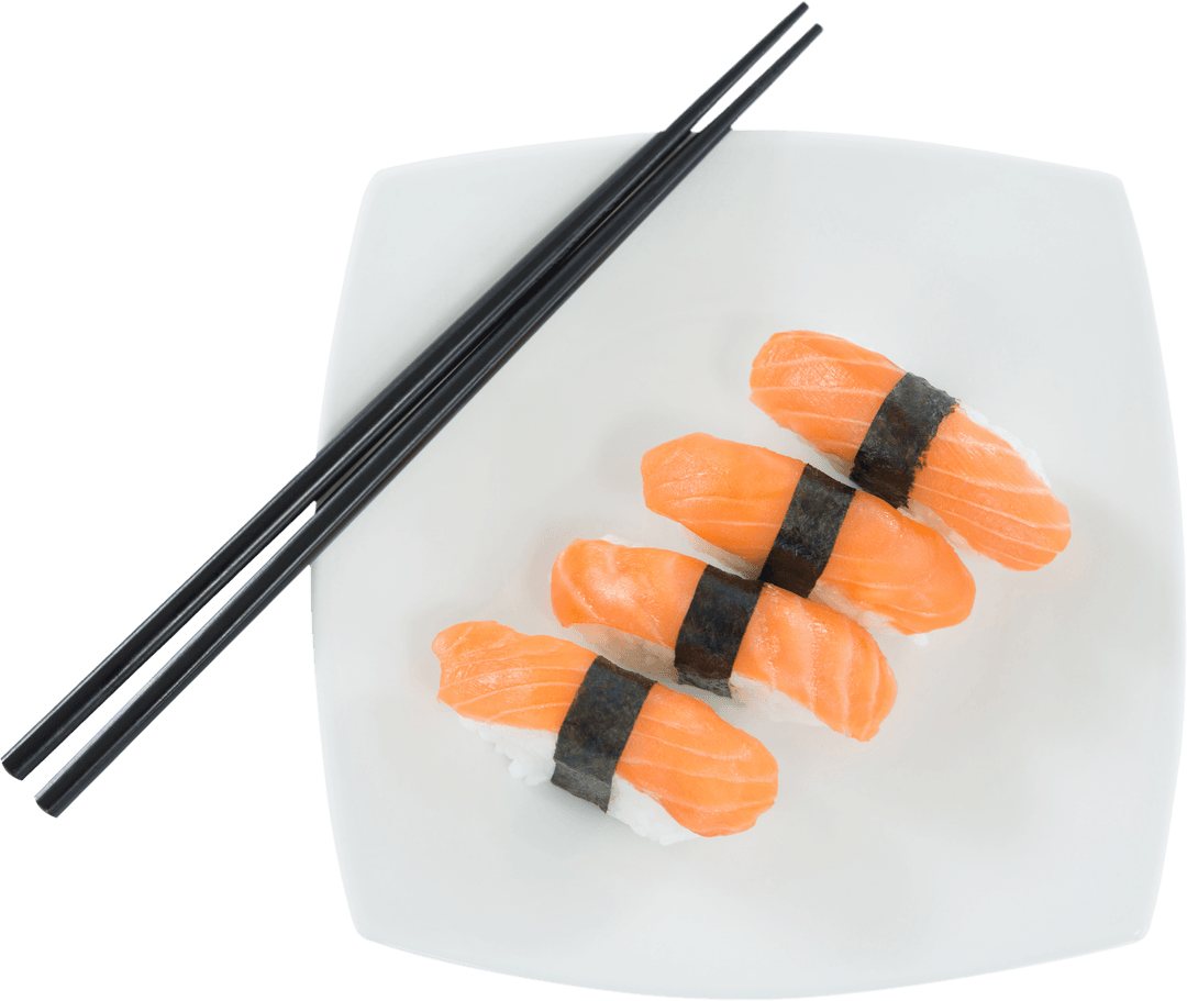 Transparent Plate with Salmon Sushi and Chopsticks for Dining Theme