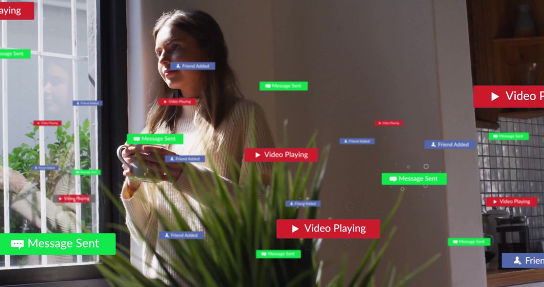 Woman Enjoying Coffee with Digital Social Media Interaction Notifications