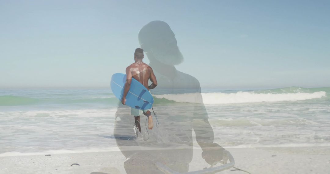 Surfer Running to Ocean Waves with Superimposed Profile