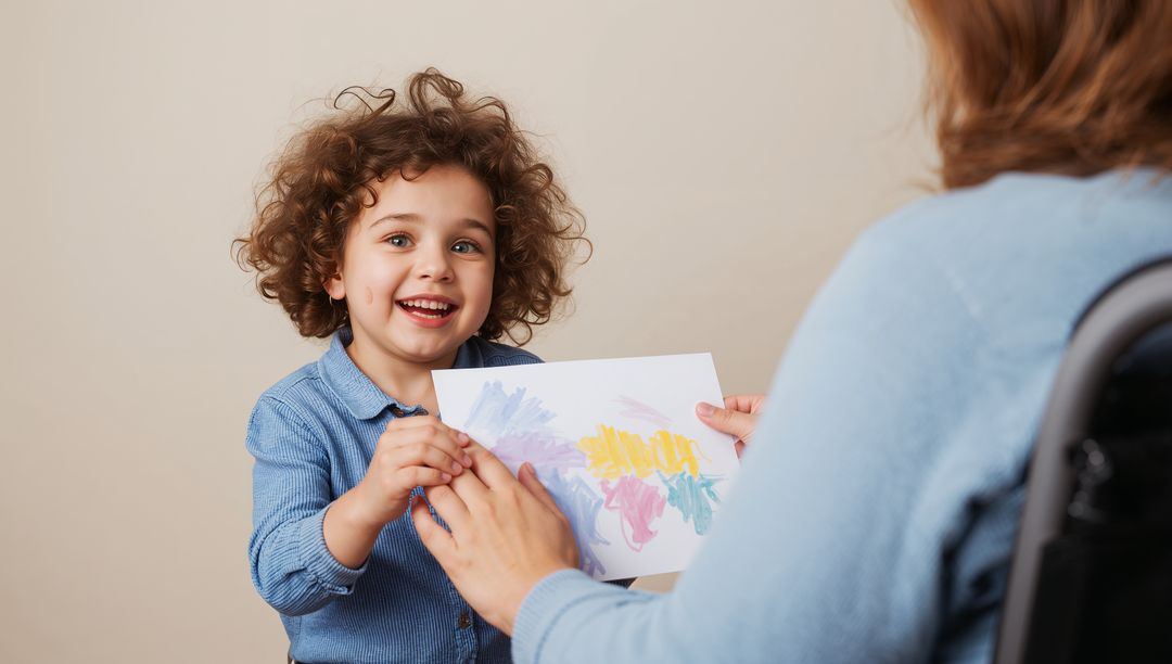 Curly-Haired Child Presenting Colorful Artwork to Parent
