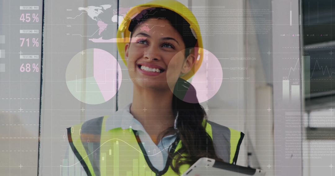 Smiling Female Architect with Digital Financial Data Overlay