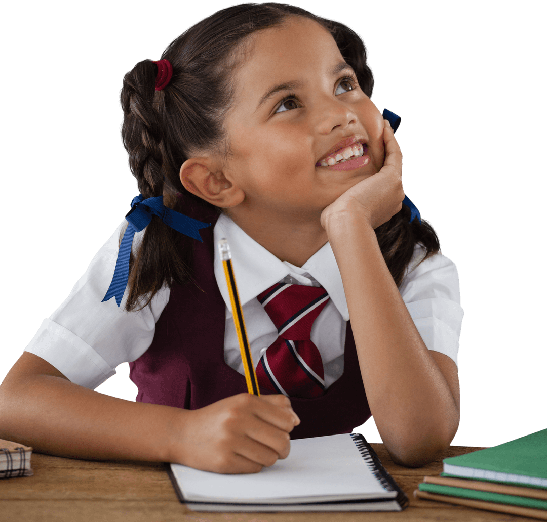 Dreamy Schoolgirl in Uniform Pondering Over Homework