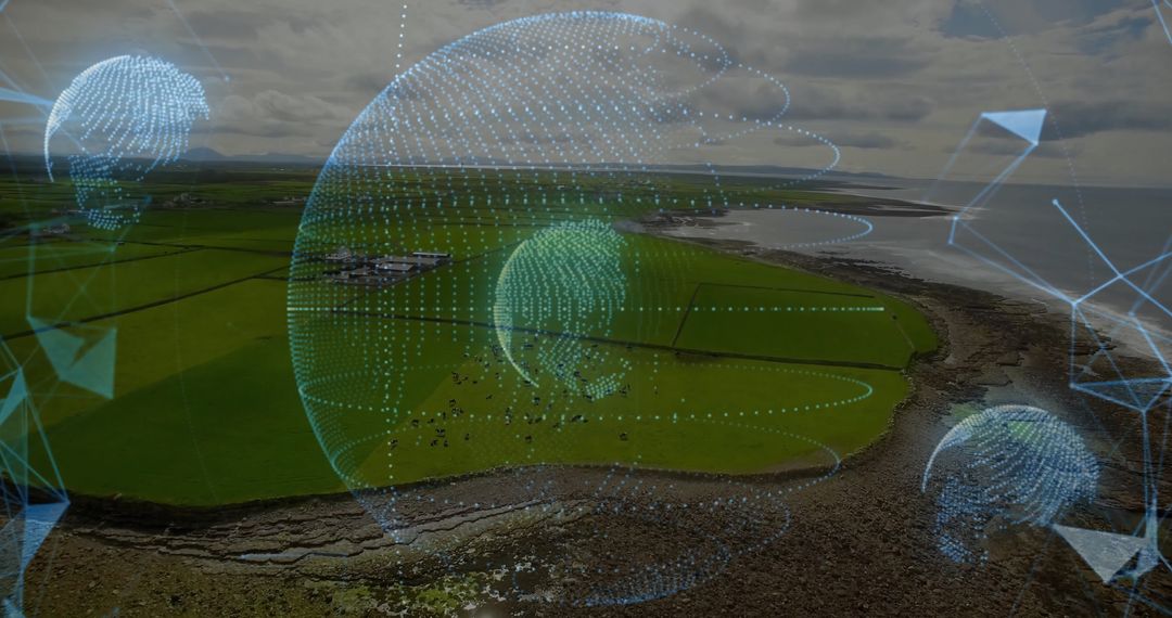 Digital Spheres Displaying Data Above Coastal Pastures