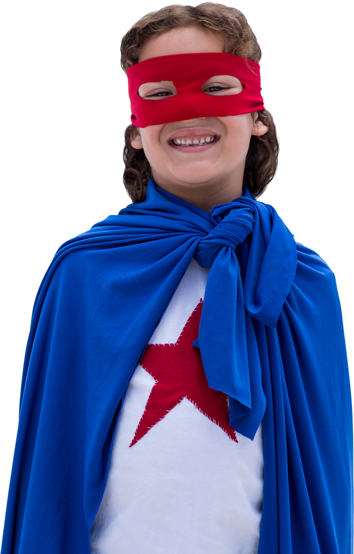 Cheerful Girl in Superhero Costume with Red Mask and Blue Cape Transparent - Download Free Stock Images Pikwizard.com