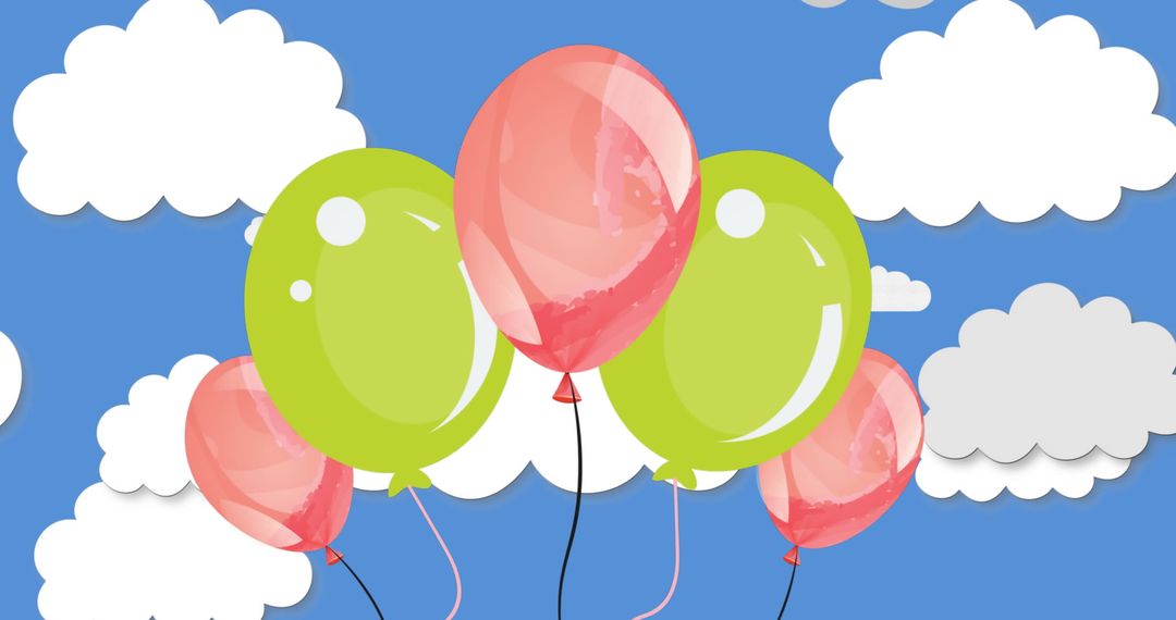 Colorful Balloons Floating in Bright Blue Sky with Clouds