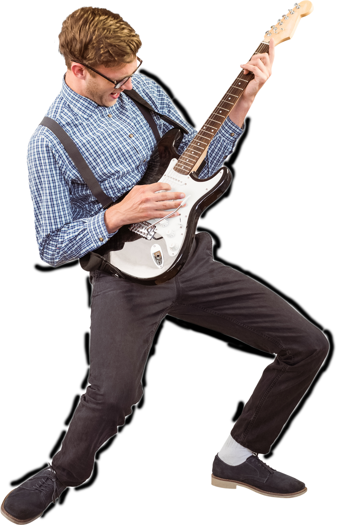 Enthusiastic Geeky Man Playing Electric Guitar Transparent Background - Download Free Stock Images Pikwizard.com