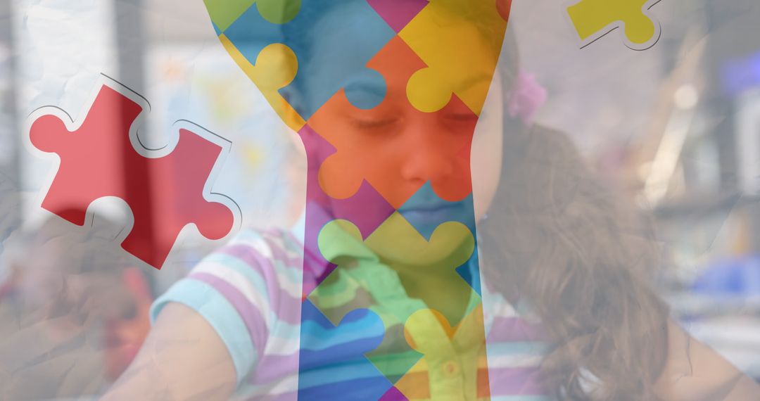 Autism Awareness Month Puzzle Theme with Diverse Child Learning