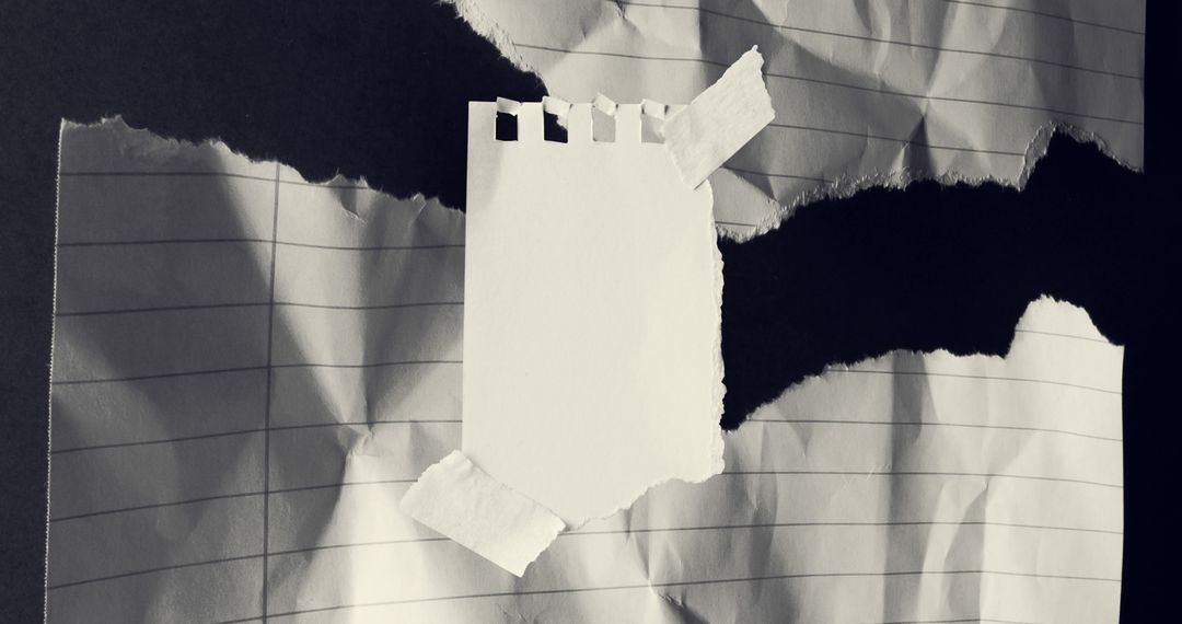 Abstract Torn Lined Paper with Taped Pieces Over Black Background