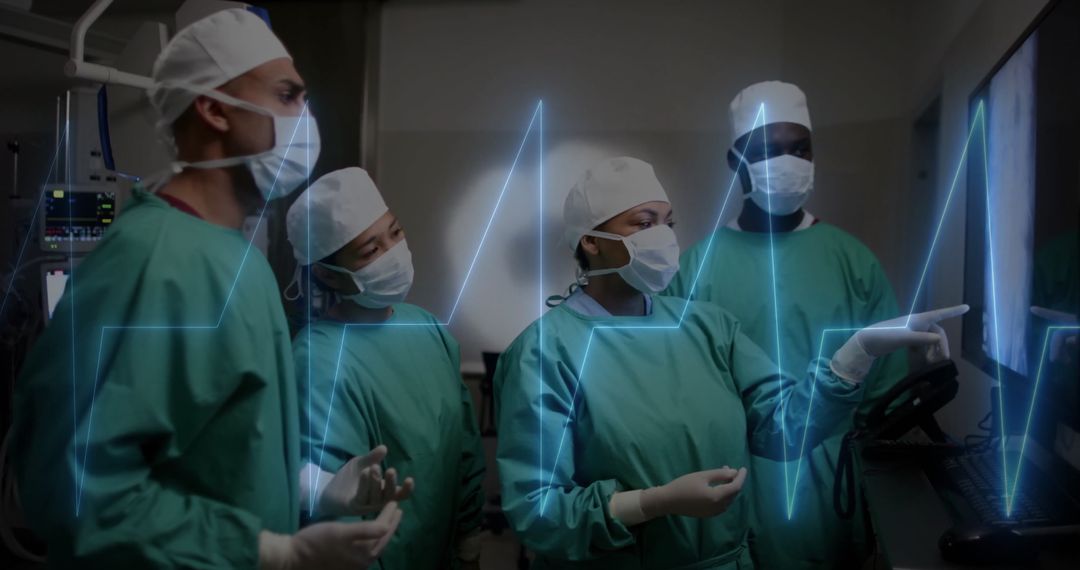 Diverse Surgeons Analyzing Data in Operating Room with Digital Interface