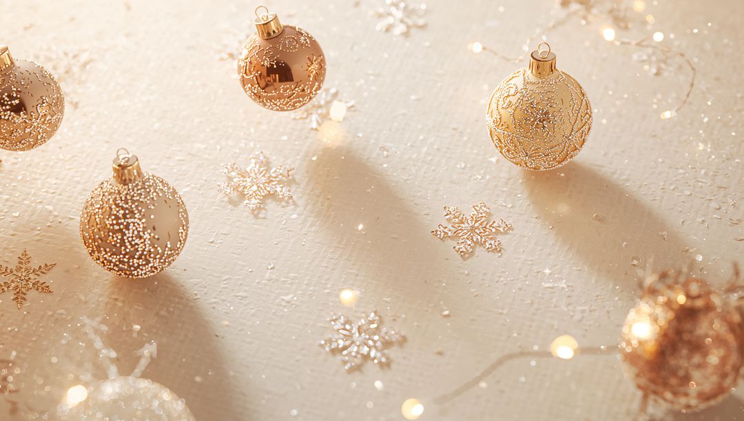 Champagne and Gold Glittering Baubles with Snowflake Confetti and Warm Fairy Lights