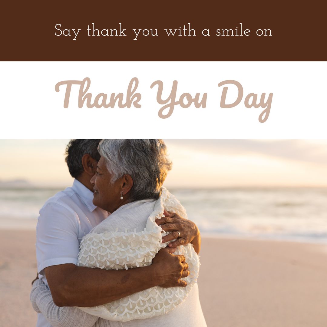 Senior Couple Embracing at Beach During Thank You Day
