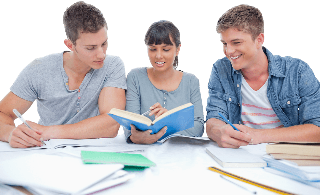 Diverse Group of Students Collaborating Around Books Transparent Background