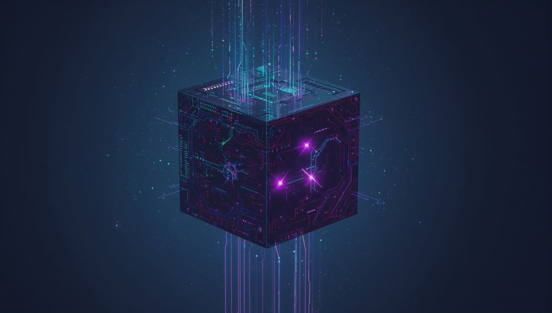 Pulsing Cyber Cube Streaming Data in Futuristic Neon Space