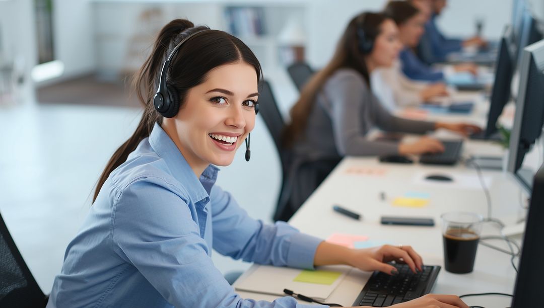 Smiling Call Center Agent With Headset in Modern Office Setting