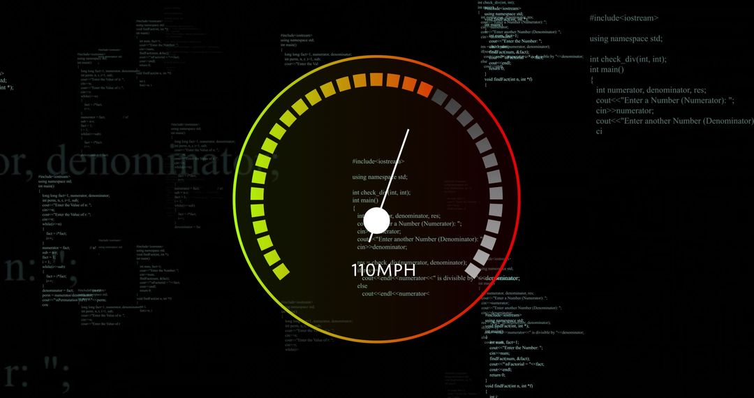 Digital Speedometer with Code Overlay on Black Background