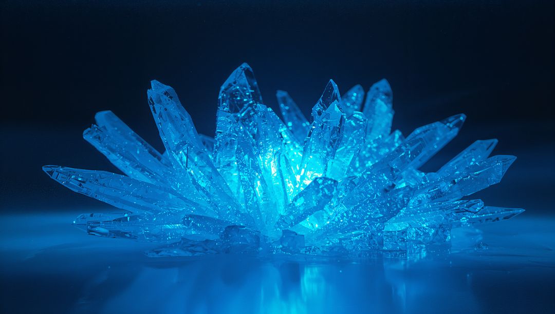 Translucent Blue Crystals Glowing Vibrantly on Reflective Surface