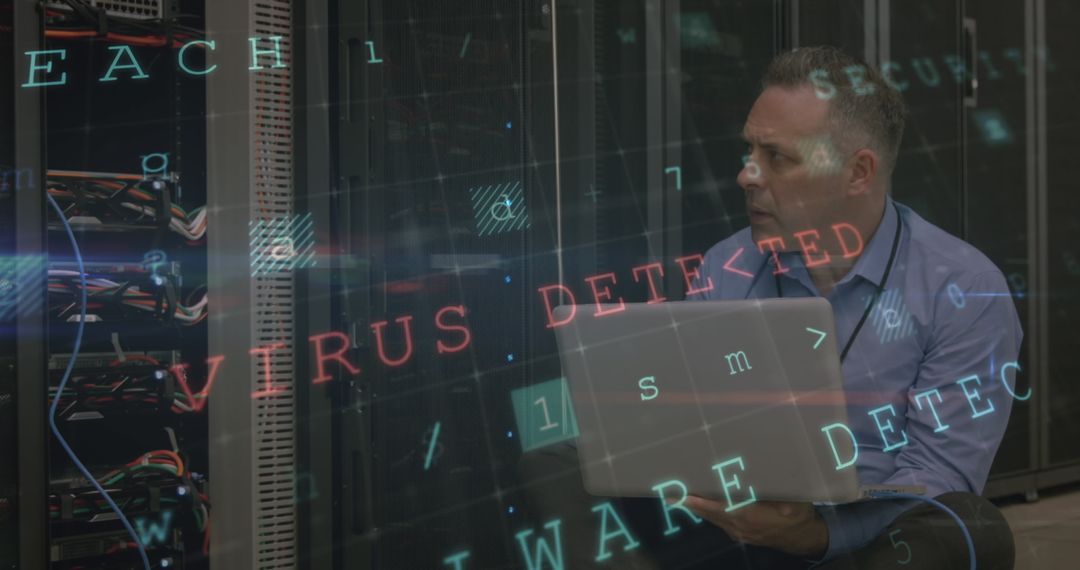 Cyber Attack Alert in Data Center with Technician and Server