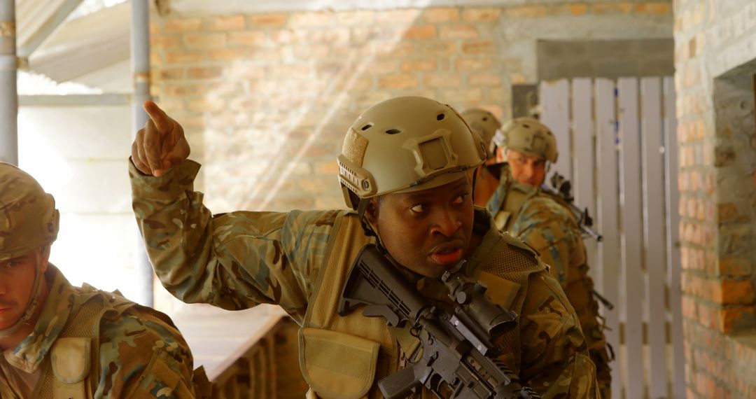 Military Soldiers Engaged in Intense Urban Training Discussion