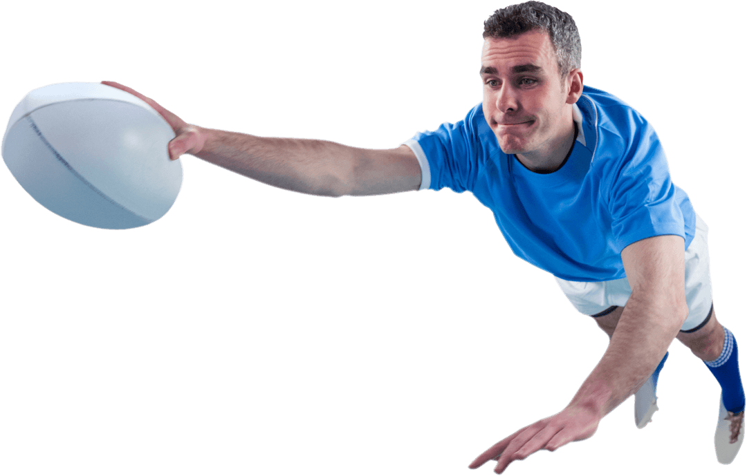 Energetic Rugby Player in Blue Scoring Try Transparent Background