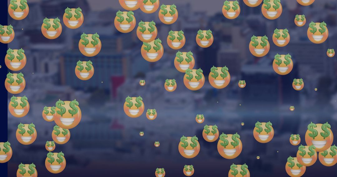 Falling Emoji with Dollar Signs Over Digital Cityscape