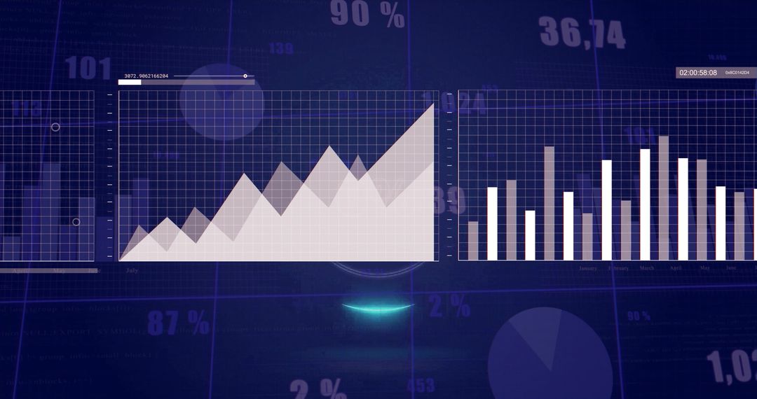 Displaying futuristic analytics dashboard with dual charts, neon blue HUD metrics