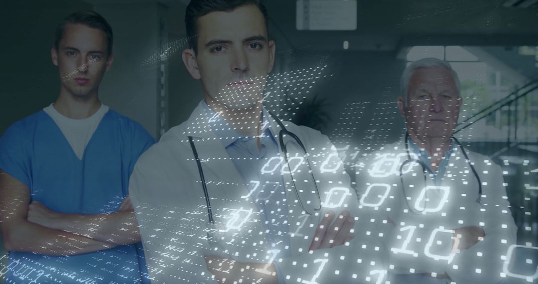 Medical Team Awaiting Future with Digital Binary Data