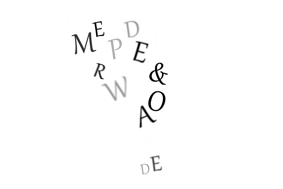 Floating Transparent Letters on White Background in Gray, Black, and White