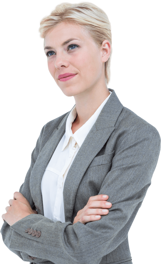 Confident Businesswoman Smiling in Gray Blazer