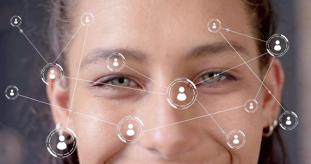 Smiling business woman with network overlay showing digital connectivity and teamwork