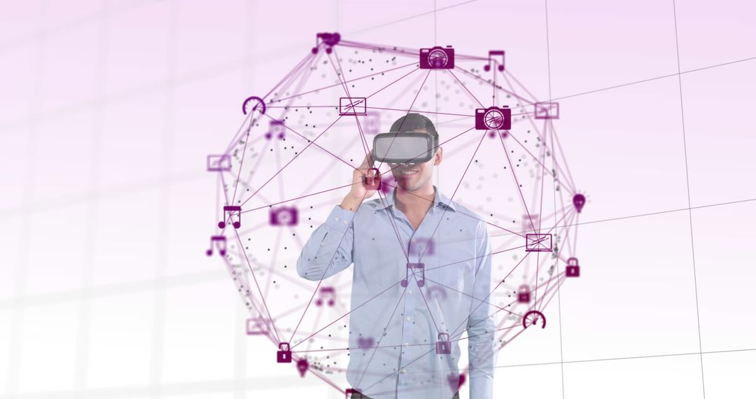 Man Immersed in Digital Future with VR Headset and Network Connections